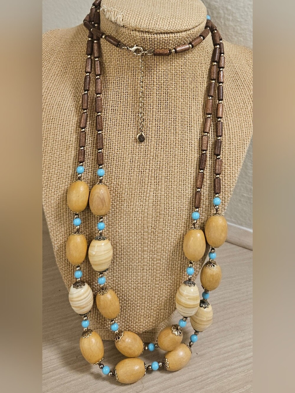 LAUREN CONRAD DOUBLE STRAND WOOD TURQUOISE BEADS CHUNKY EARTHY LONG NECKLACE